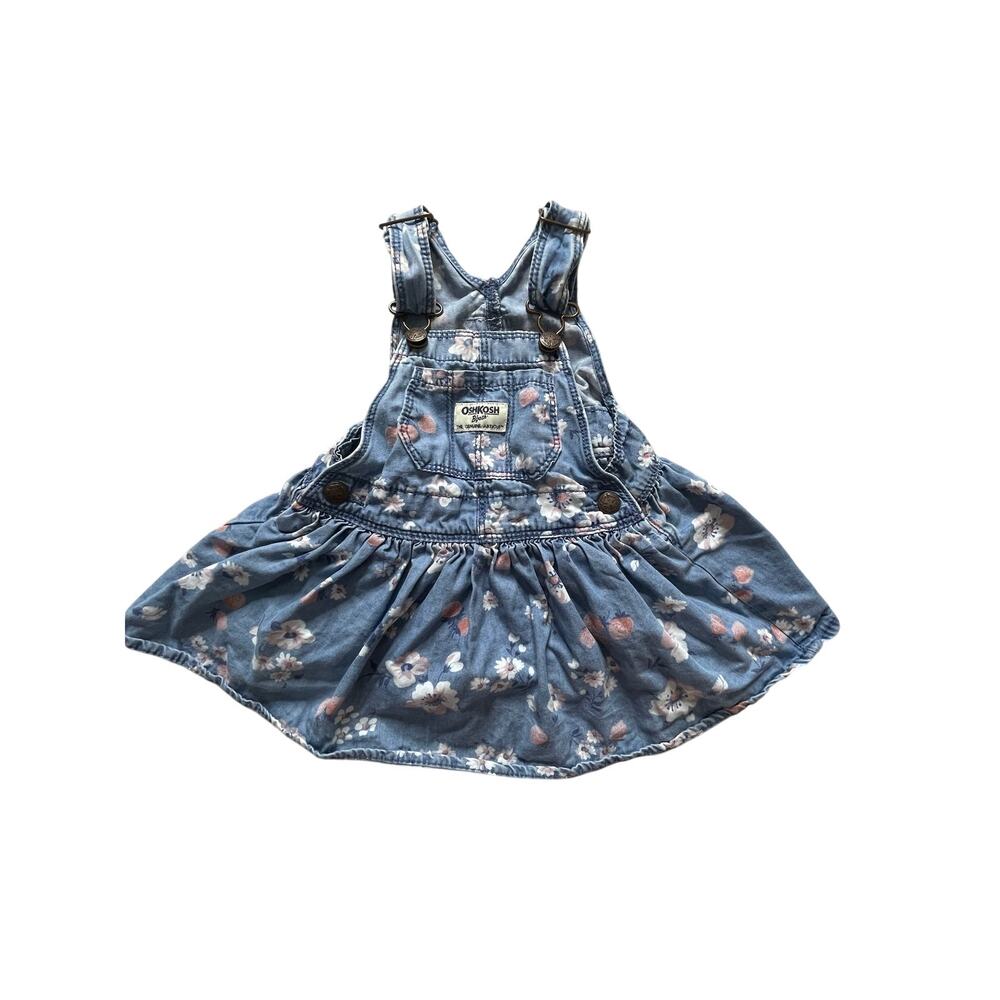 OshKosh B’gosh Baby Girl Overall Dress 12M Denim Floral Adjustable Snap GUC